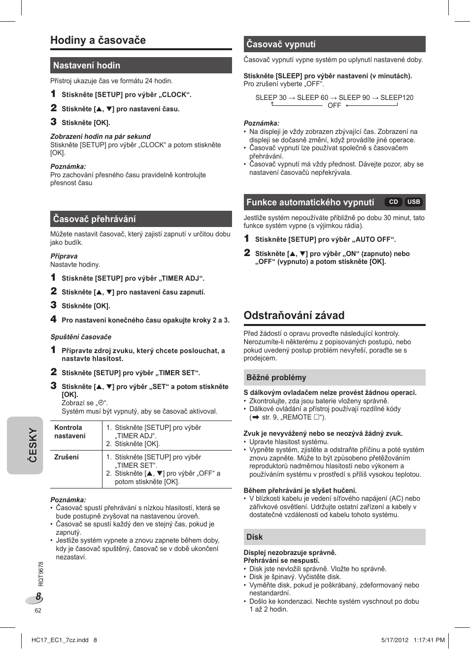 Hodiny a časovače, Odstraňování závad | Panasonic SCHC17EC User Manual | Page 62 / 64