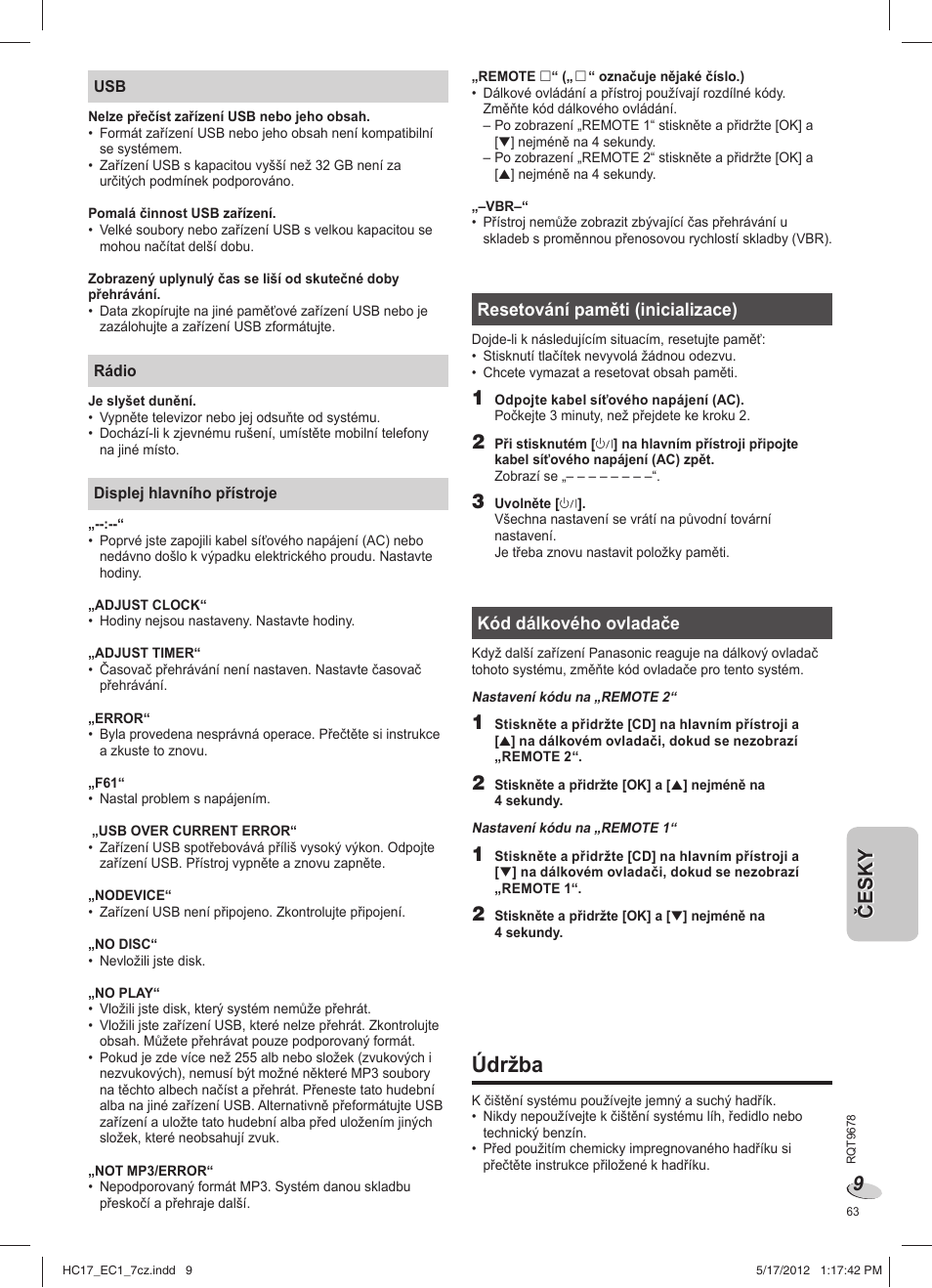 Údržba | Panasonic SCHC17EC User Manual | Page 63 / 64