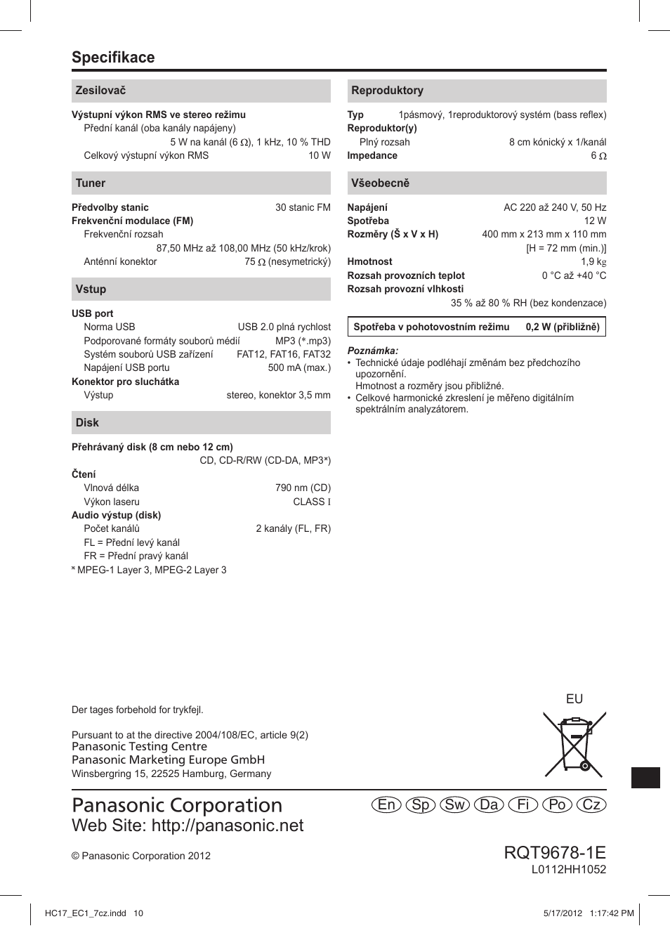 Specifikace, Po fi sw sp en cz da | Panasonic SCHC17EC User Manual | Page 64 / 64