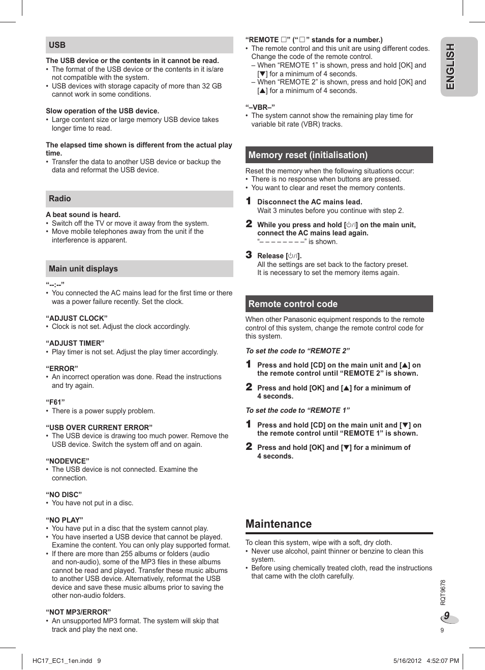 Maintenance, En g l is h english | Panasonic SCHC17EC User Manual | Page 9 / 64