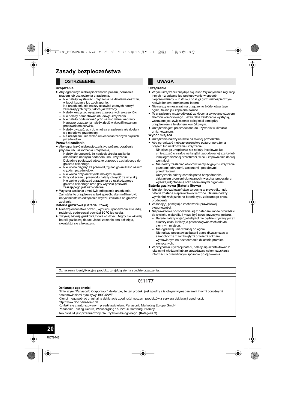 Zasady bezpieczeństwa, Ostrzeëenie uwaga | Panasonic SCHC38EC User Manual | Page 20 / 68