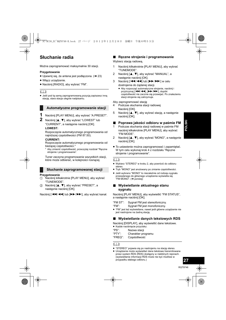 Słuchanie radia | Panasonic SCHC38EC User Manual | Page 27 / 68