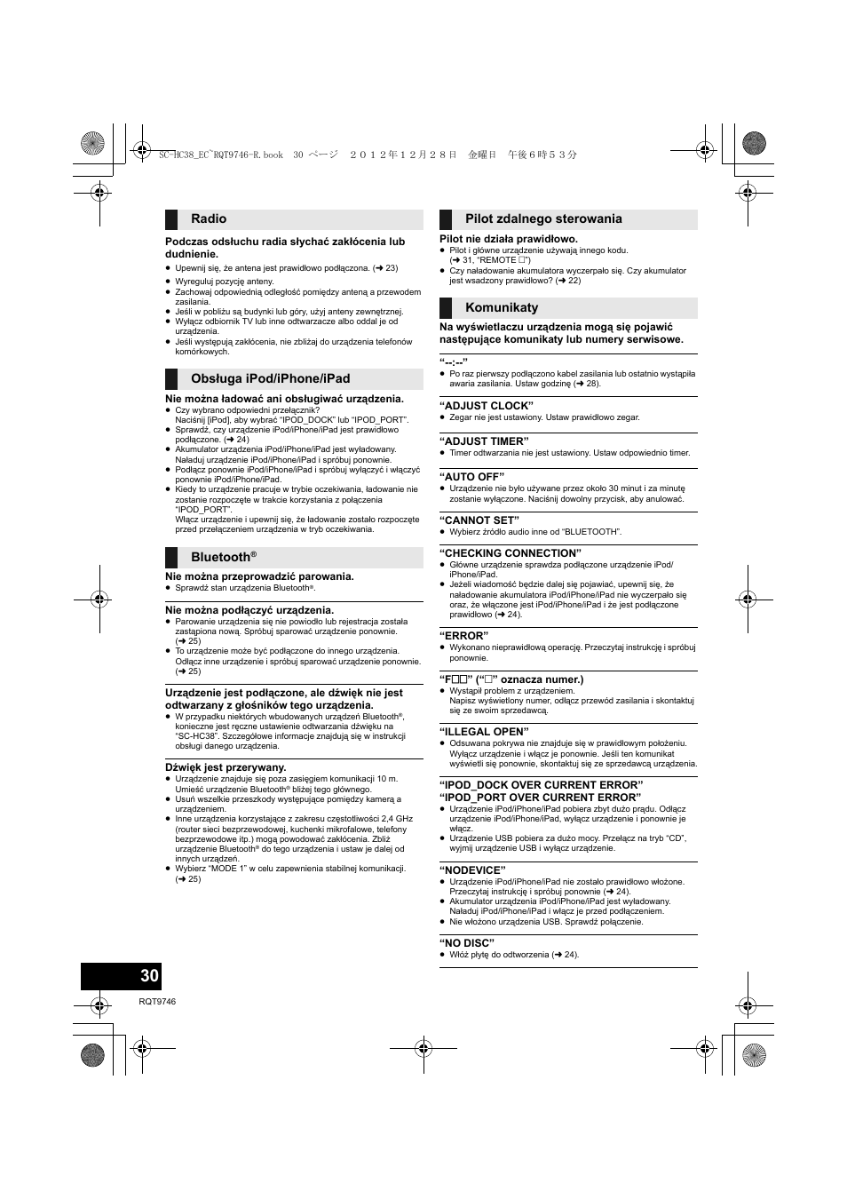 Radio, Obsługa ipod/iphone/ipad bluetooth, Pilot zdalnego sterowania komunikaty | Panasonic SCHC38EC User Manual | Page 30 / 68