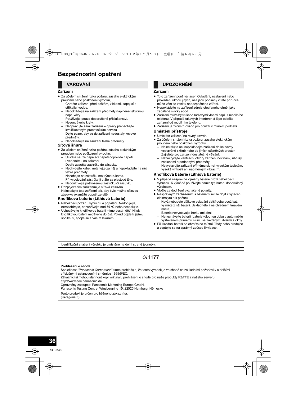 Bezpečnostní opatření | Panasonic SCHC38EC User Manual | Page 36 / 68