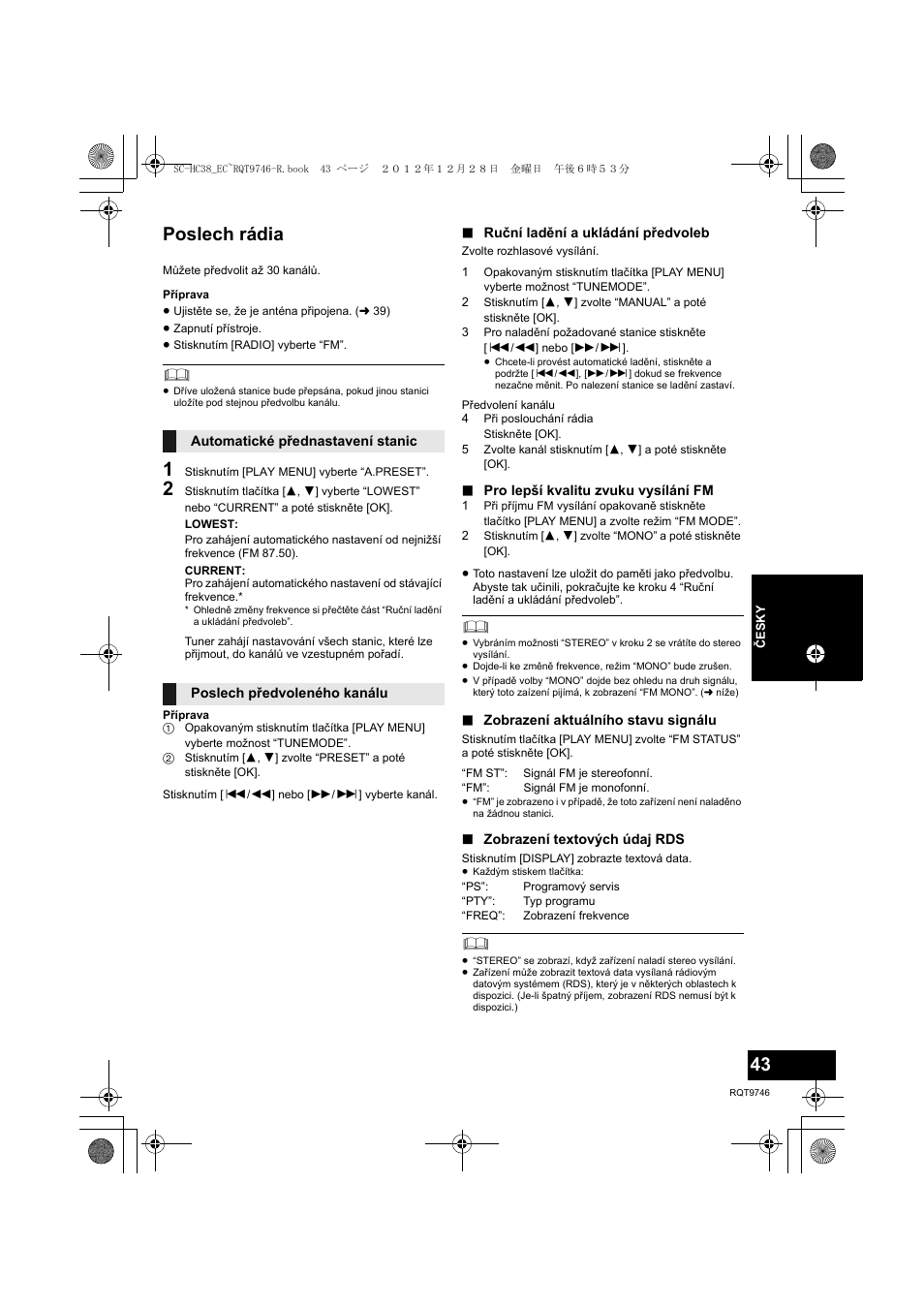 Poslech rádia | Panasonic SCHC38EC User Manual | Page 43 / 68