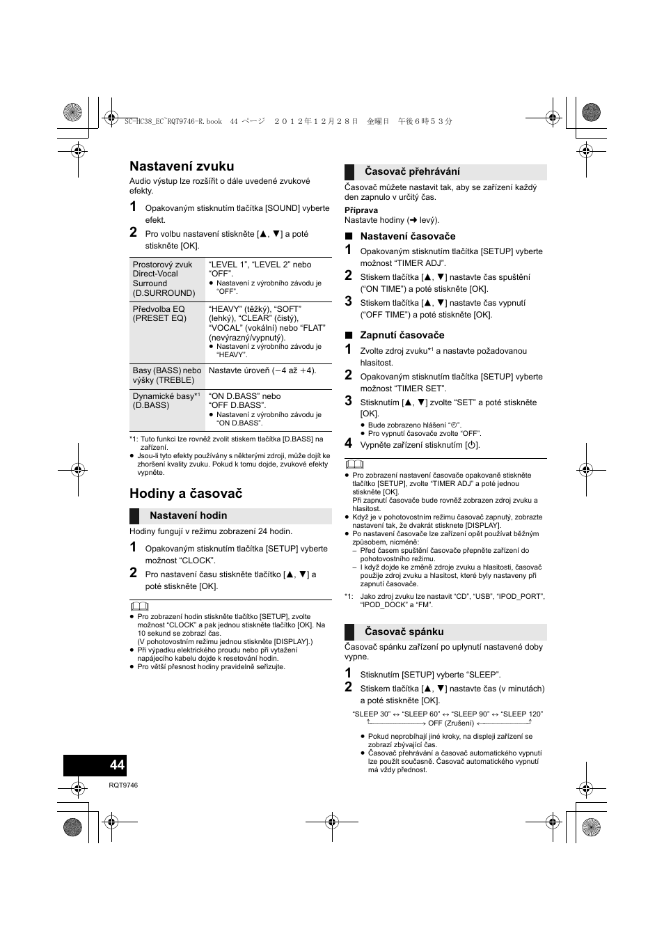 Nastavení zvuku, Hodiny a časovač | Panasonic SCHC38EC User Manual | Page 44 / 68