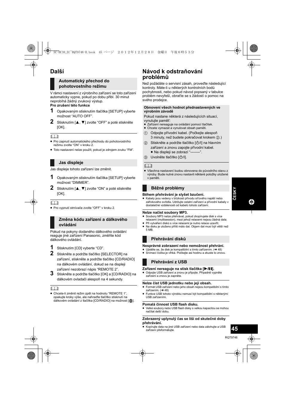 Další, Návod k odstraňování problémů | Panasonic SCHC38EC User Manual | Page 45 / 68