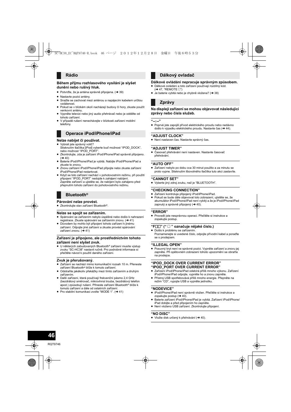 Rádio, Operace ipod/iphone/ipad bluetooth, Dálkový ovladač zprávy | Panasonic SCHC38EC User Manual | Page 46 / 68