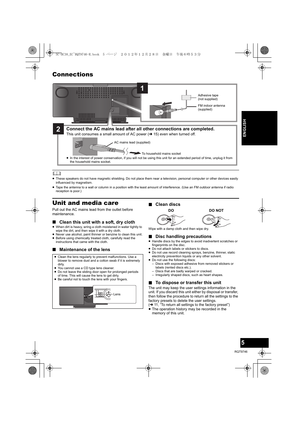 Connections, Unit and media care | Panasonic SCHC38EC User Manual | Page 5 / 68