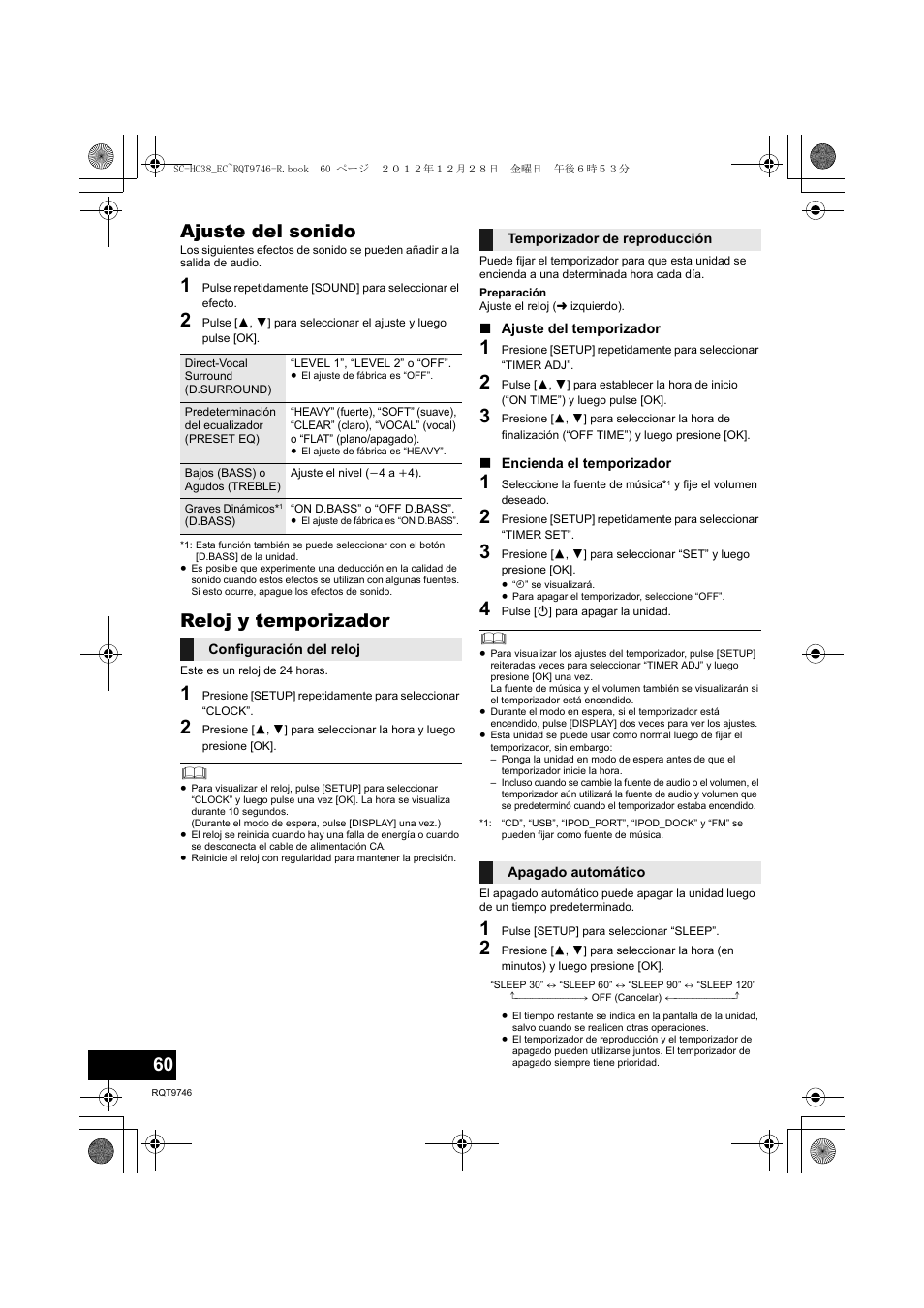 Ajuste del sonido, Reloj y temporizador | Panasonic SCHC38EC User Manual | Page 60 / 68