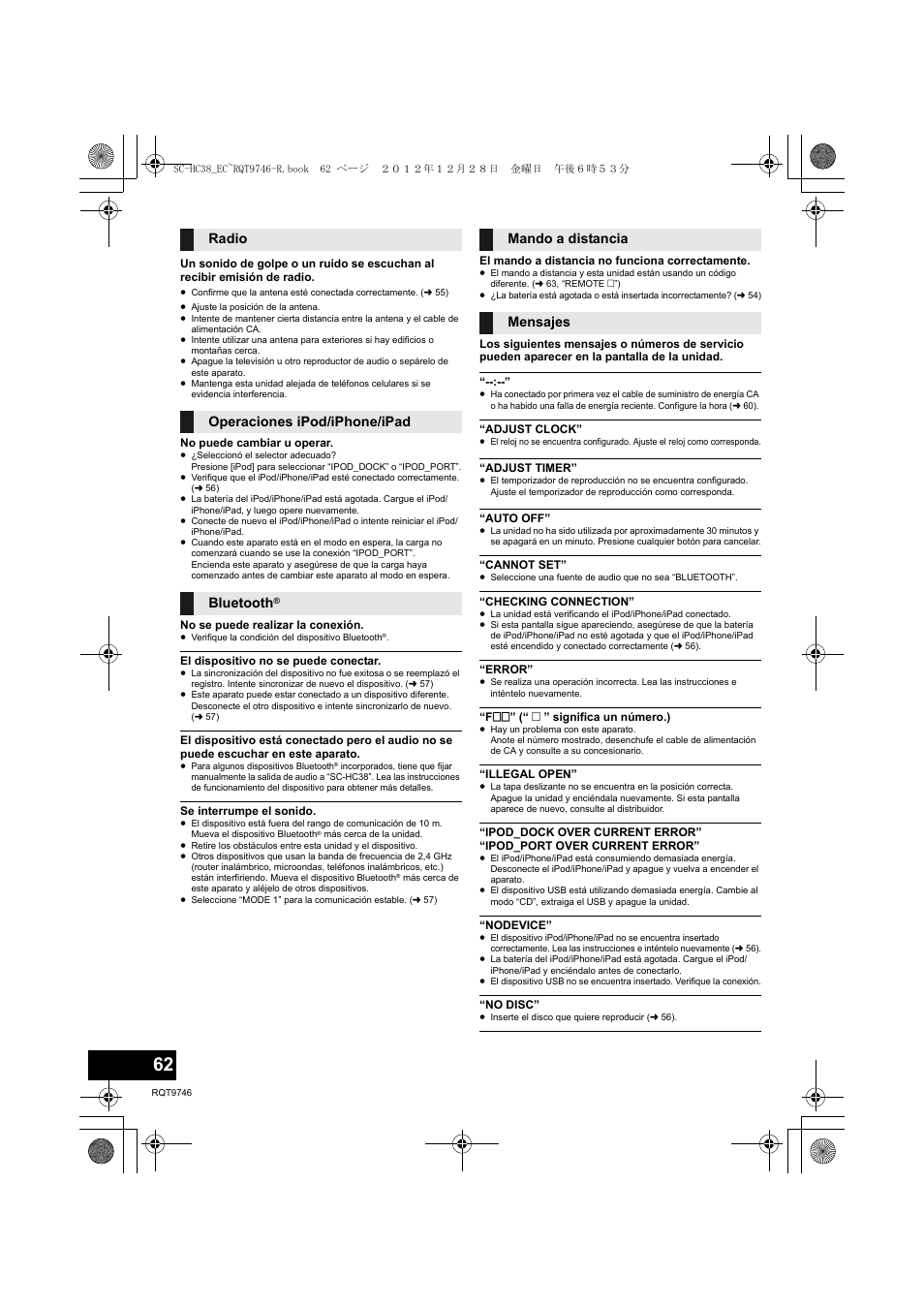 Radio, Operaciones ipod/iphone/ipad bluetooth, Mando a distancia mensajes | Panasonic SCHC38EC User Manual | Page 62 / 68