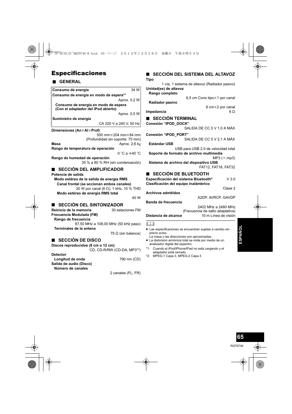 Especificaciones | Panasonic SCHC38EC User Manual | Page 65 / 68