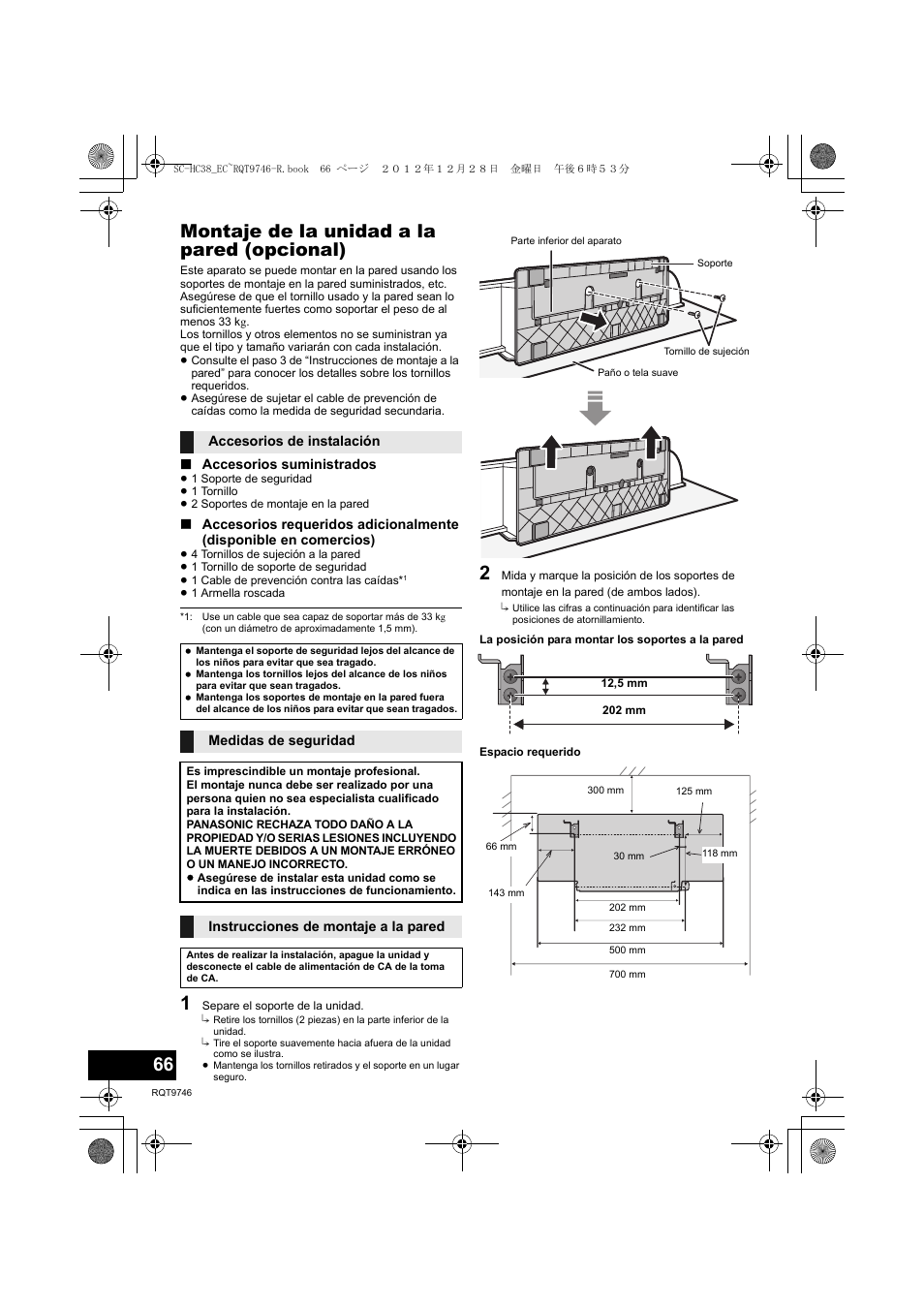 Montaje de la unidad a la pared (opcional) | Panasonic SCHC38EC User Manual | Page 66 / 68