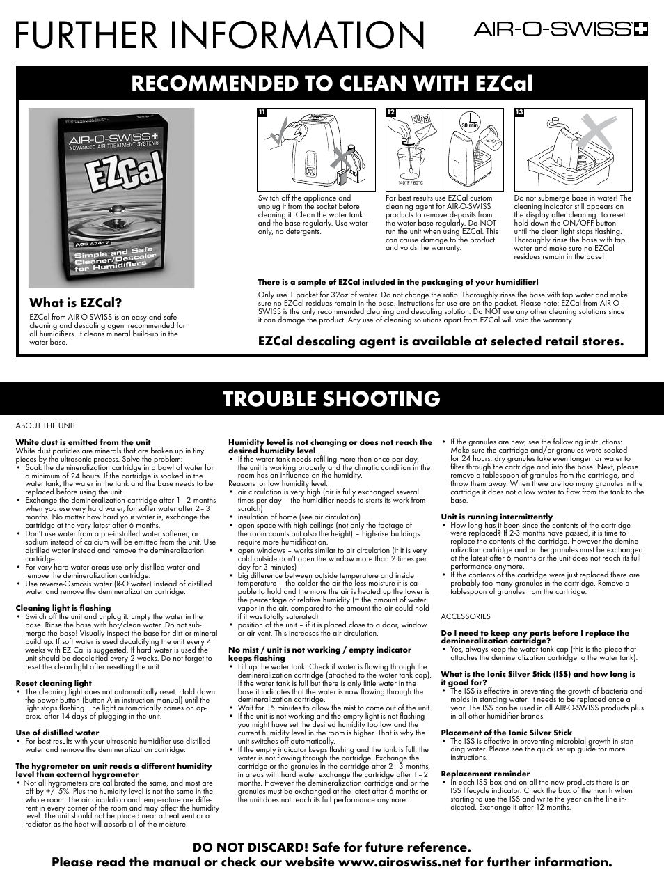 Further information, Recommended to clean with ezcal trouble shooting, What is ezcal | Air-O-Swiss 7144 User Manual | Page 2 / 2