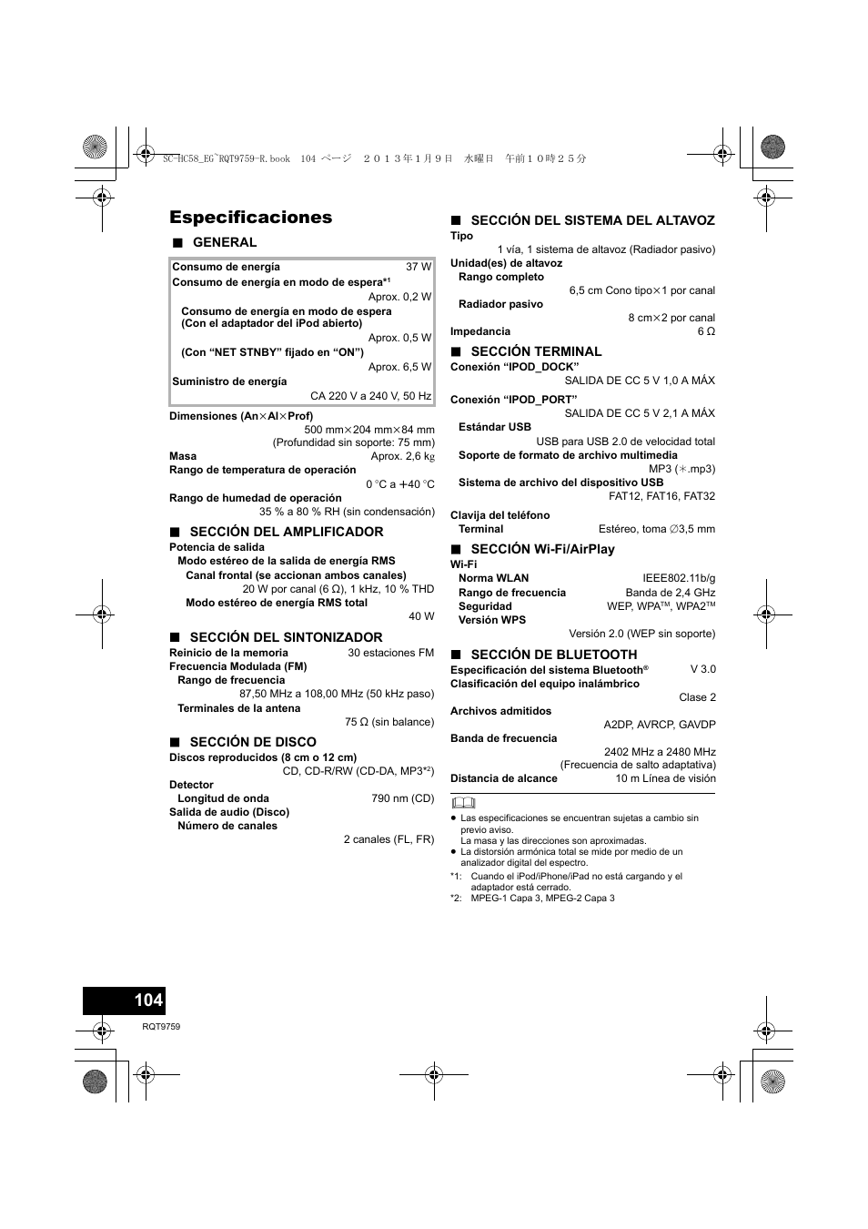 Especificaciones | Panasonic SCHC58EG User Manual | Page 104 / 108