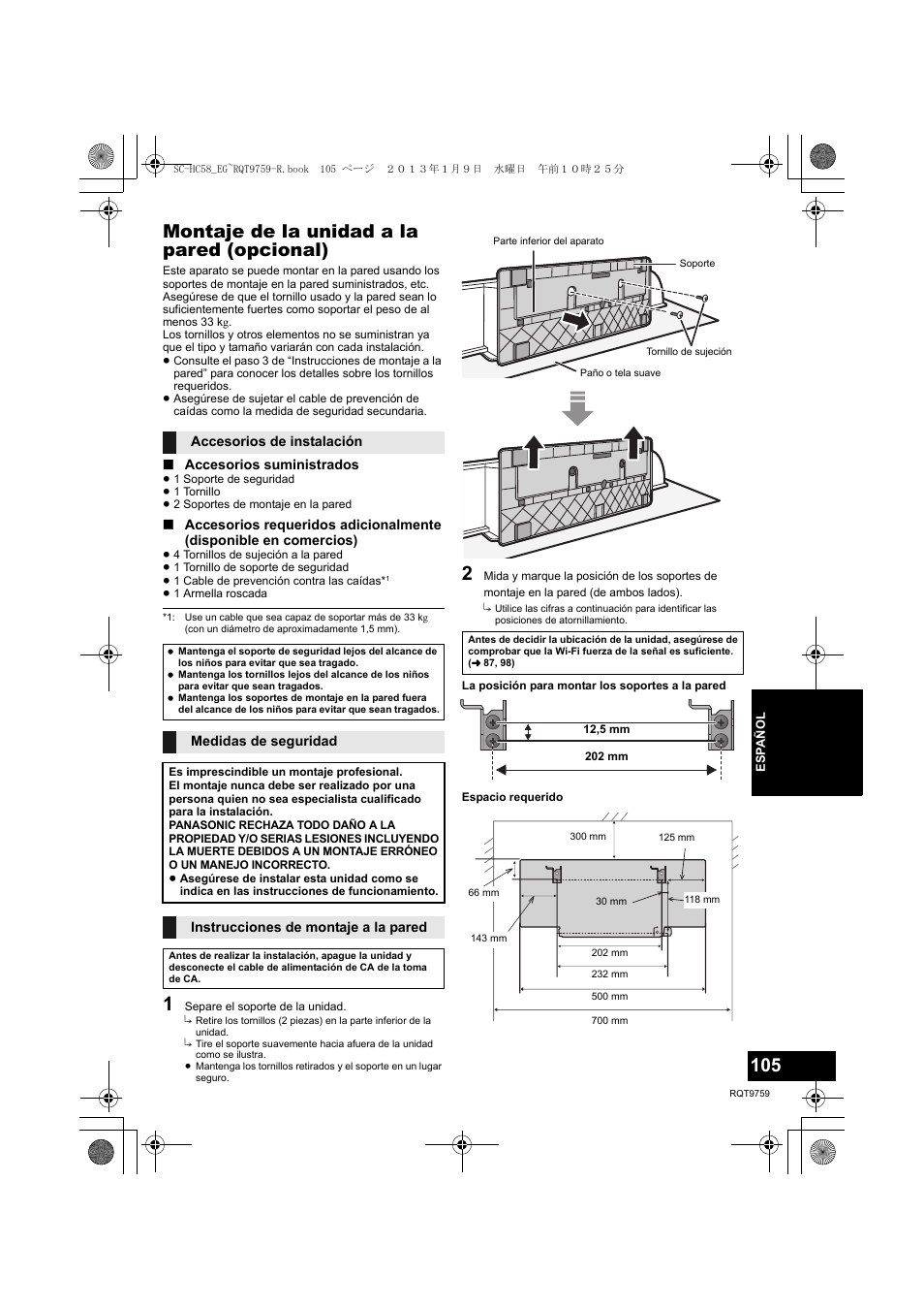 Montaje de la unidad a la pared (opcional) | Panasonic SCHC58EG User Manual | Page 105 / 108