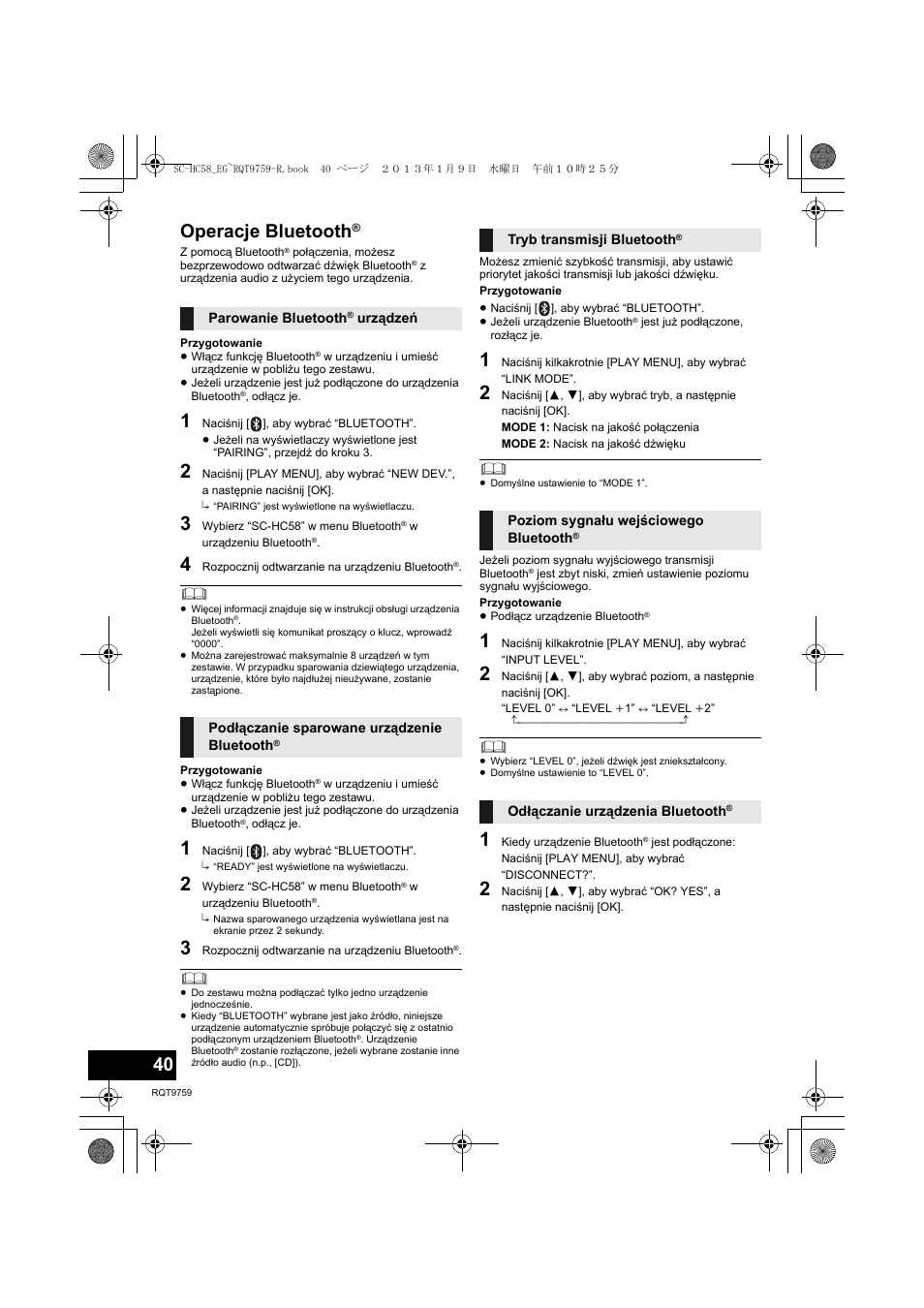 Operacje bluetooth | Panasonic SCHC58EG User Manual | Page 40 / 108