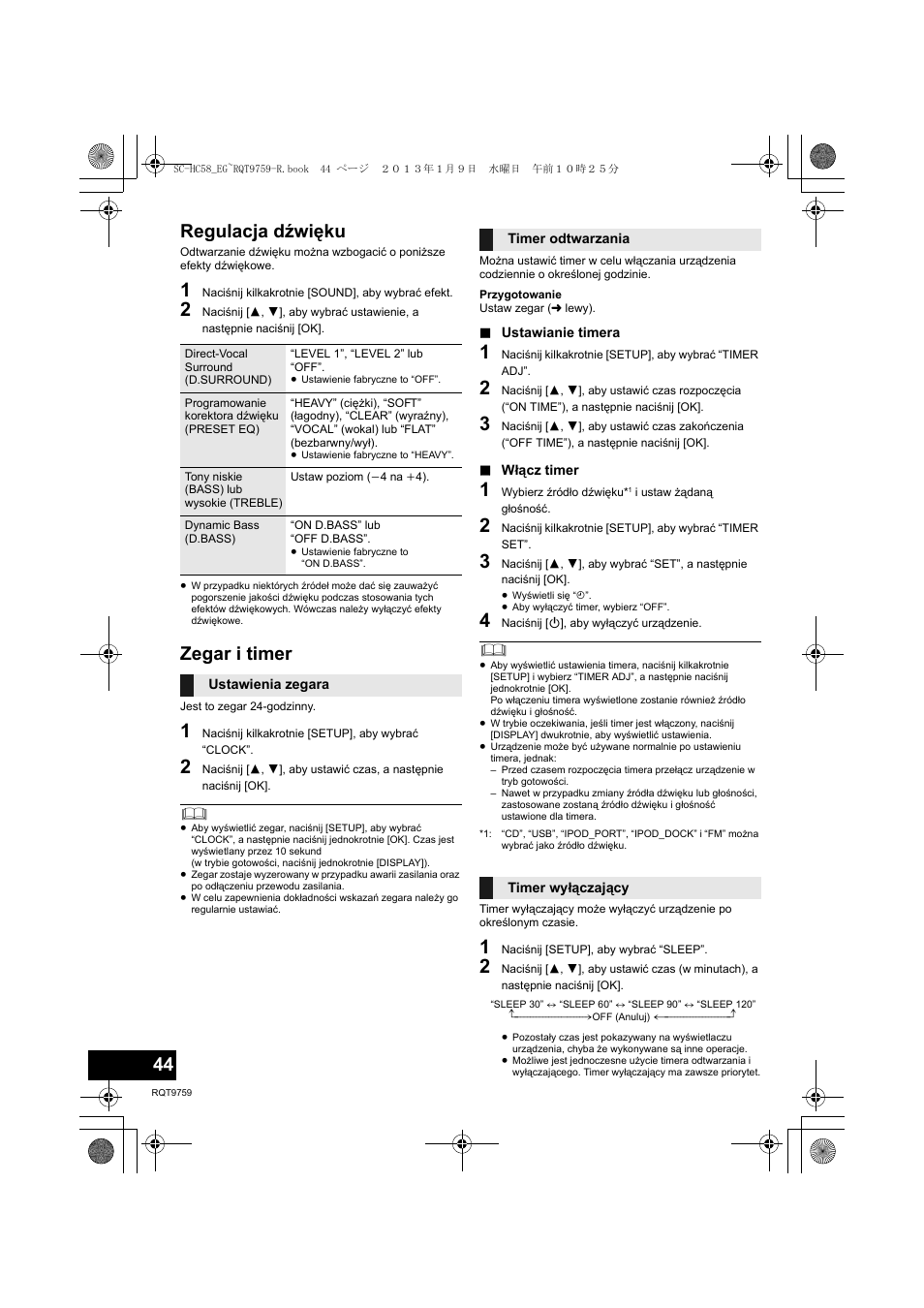 Regulacja dźwięku, Zegar i timer | Panasonic SCHC58EG User Manual | Page 44 / 108