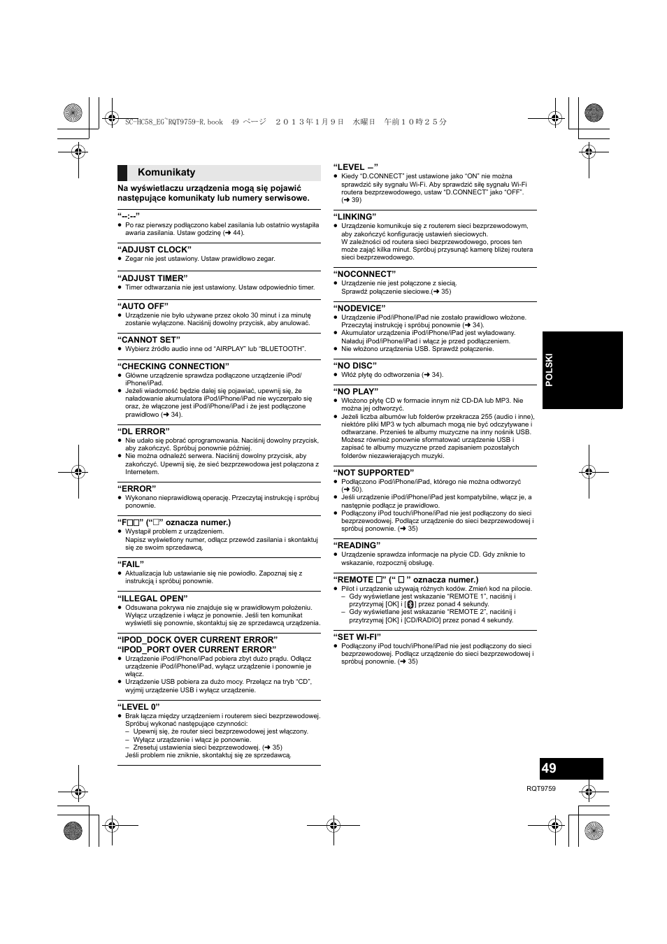 Komunikaty | Panasonic SCHC58EG User Manual | Page 49 / 108