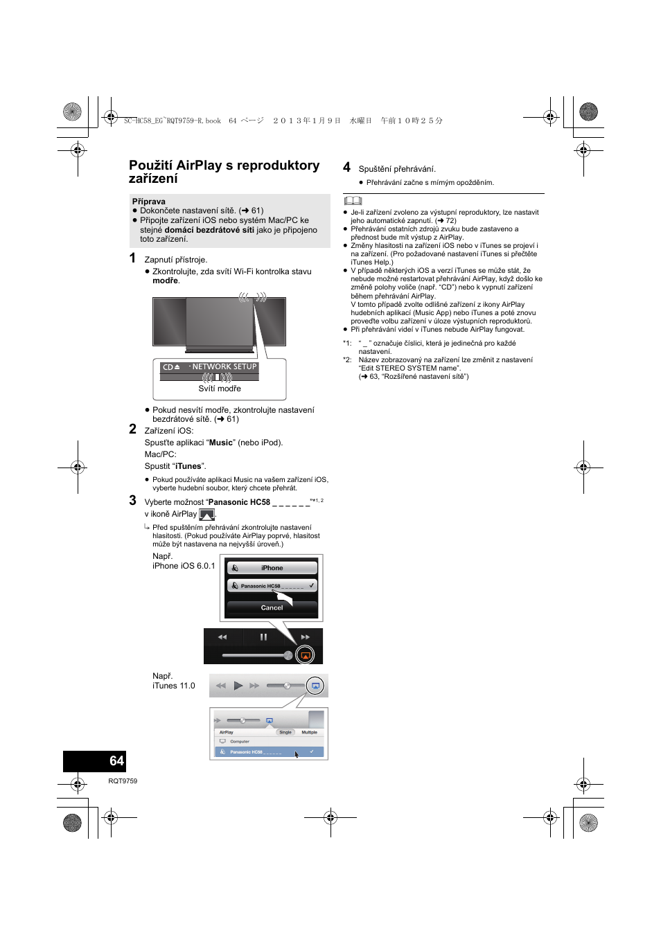 Použití airplay s reproduktory zařízení | Panasonic SCHC58EG User Manual | Page 64 / 108