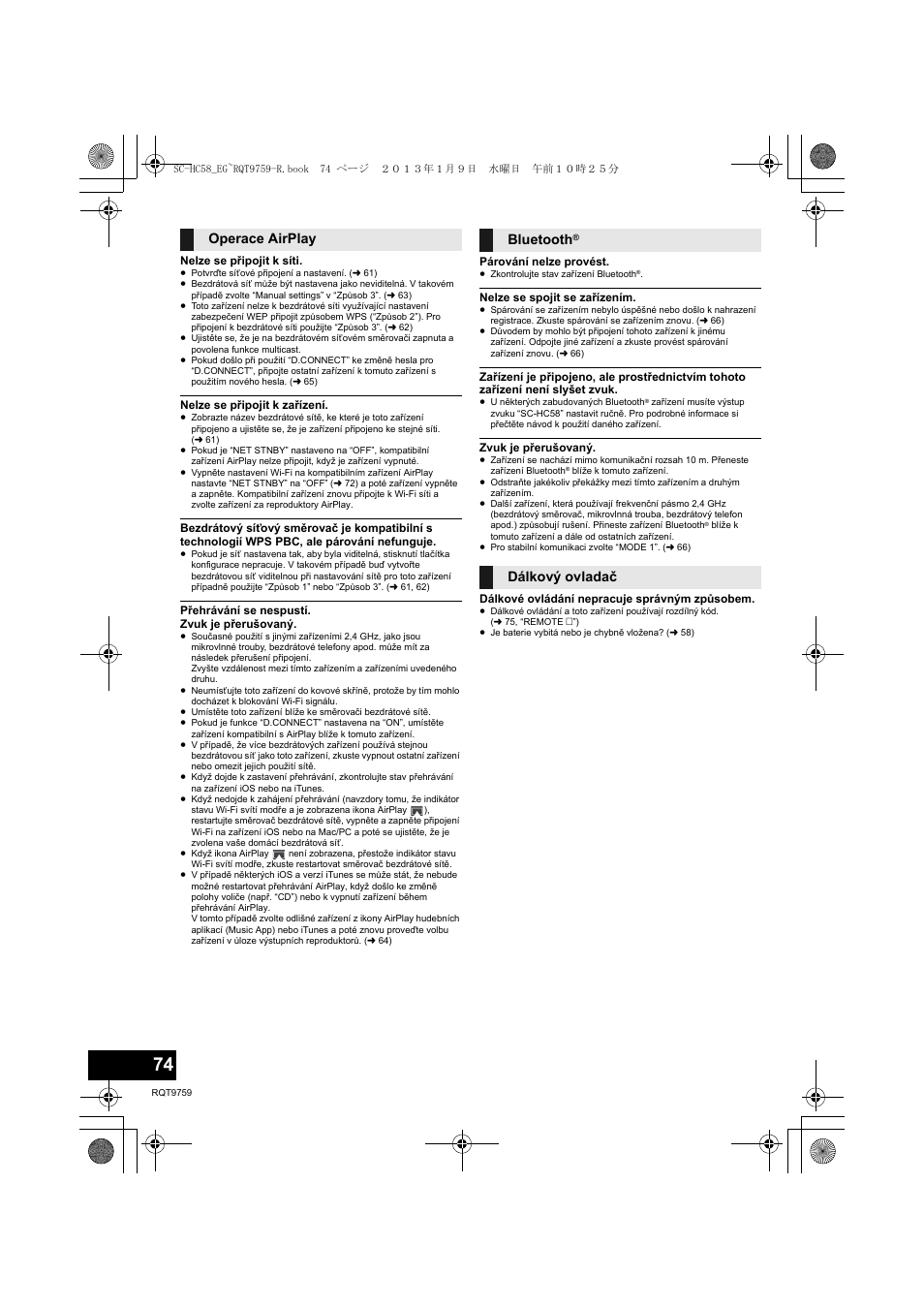 Operace airplay bluetooth, Dálkový ovladač | Panasonic SCHC58EG User Manual | Page 74 / 108