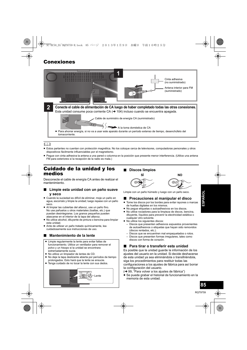 Conexiones, Cuidado de la unidad y los medios | Panasonic SCHC58EG User Manual | Page 85 / 108