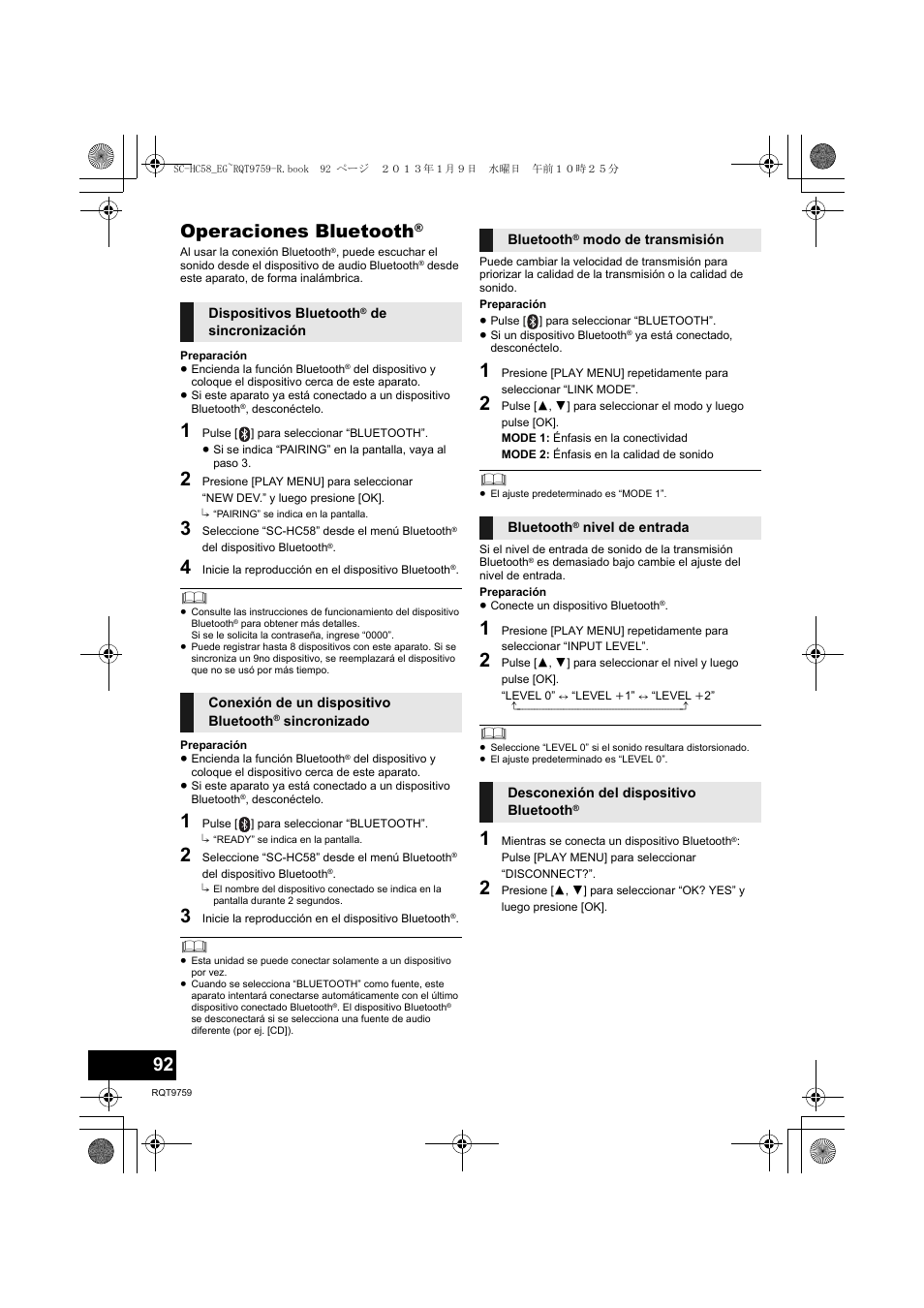 Operaciones bluetooth | Panasonic SCHC58EG User Manual | Page 92 / 108