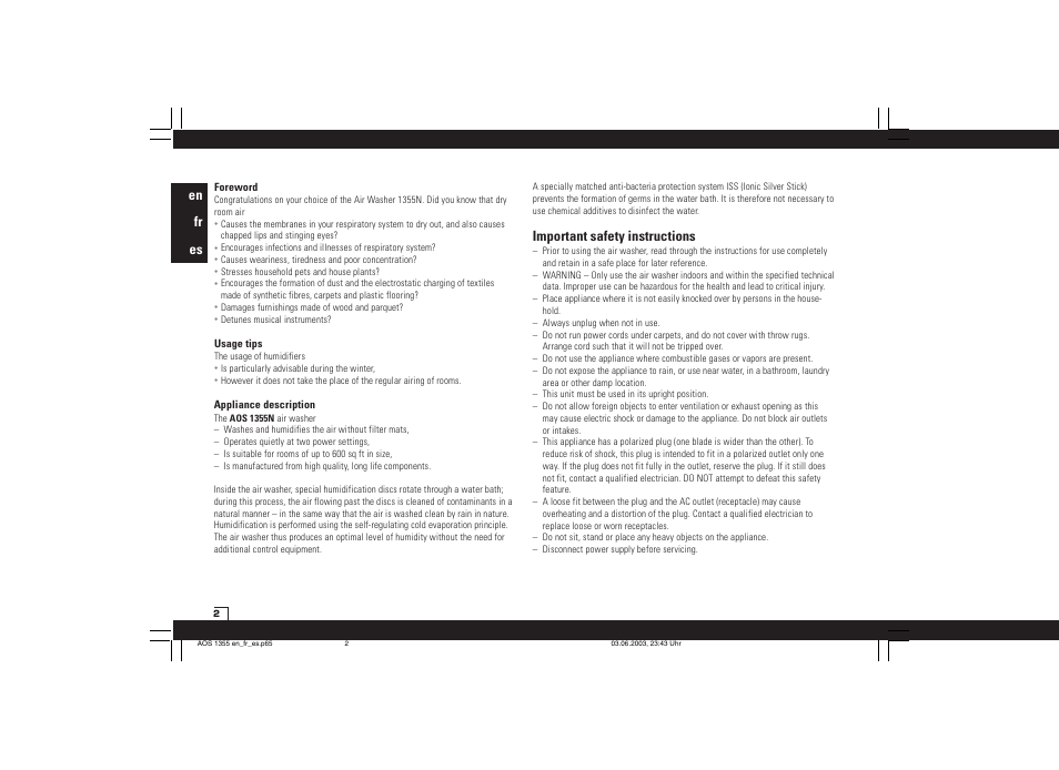 En fr es, Important safety instructions | Air-O-Swiss AOS 1355N User Manual | Page 4 / 24