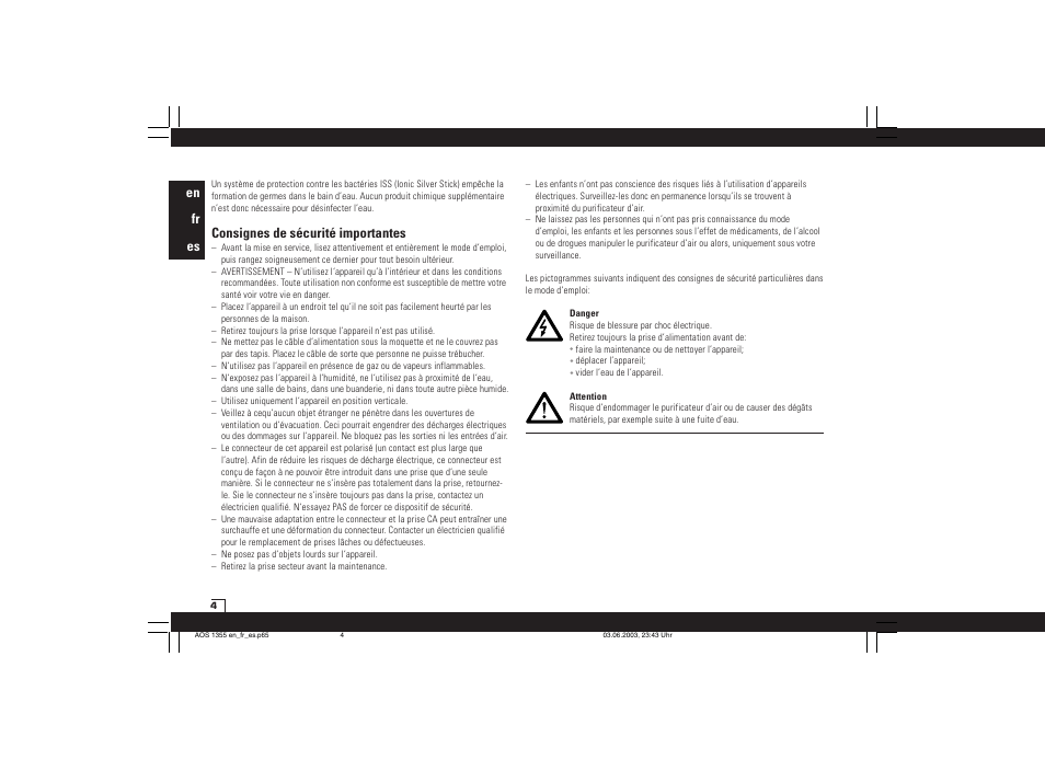 En fr es, Consignes de sécurité importantes | Air-O-Swiss AOS 1355N User Manual | Page 6 / 24