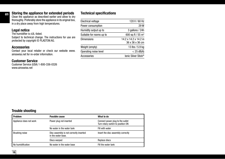 En storing the appliance for extended periods, Legal notice, Accessories | Customer service, Technical specifications, Trouble shooting | Air-O-Swiss AOS2055A User Manual | Page 16 / 20