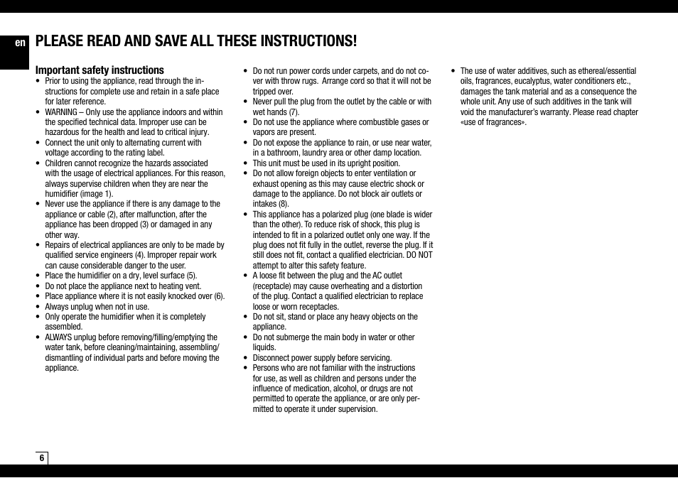 Please read and save all these instructions, En important safety instructions | Air-O-Swiss AOS2055A User Manual | Page 6 / 20