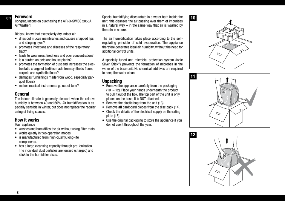 En foreword, General, How it works | Unpacking | Air-O-Swiss AOS2055A User Manual | Page 8 / 20
