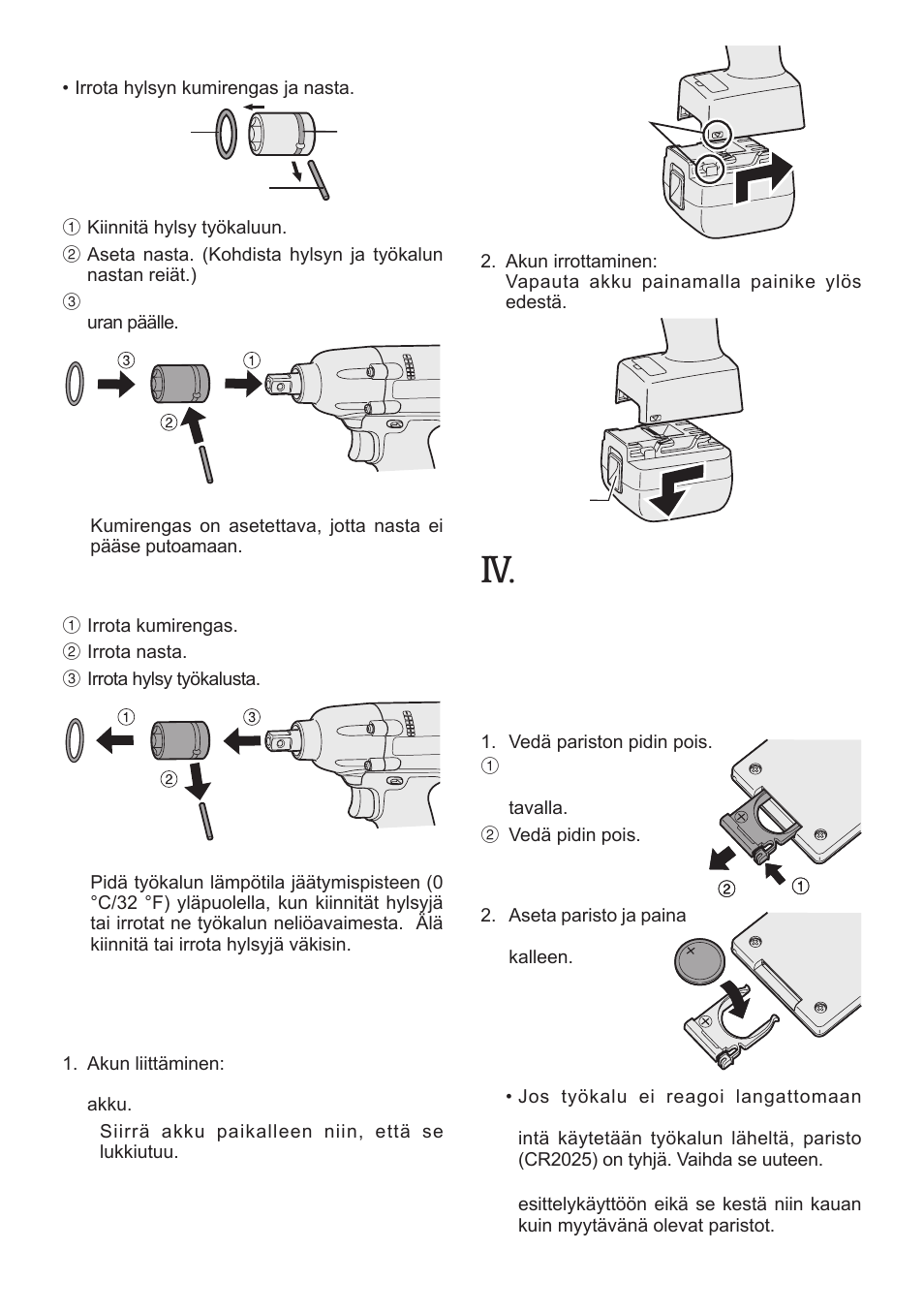 Toiminta, Hylsyn kiinnittäminen, Hylsyn irrottaminen | Akun kiinnittäminen tai irrottaminen | Panasonic EYFLA1 User Manual | Page 121 / 168