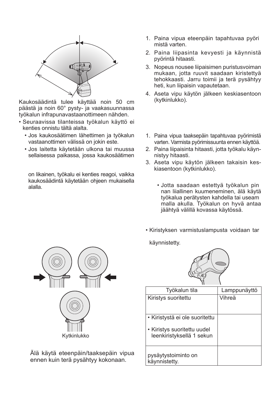 Eteenpäin tapahtuvan pyö- rinnän kytkimen käyttö, Taaksepäin tapahtuvan pyörinnän kytkimen käyttö | Panasonic EYFLA1 User Manual | Page 122 / 168