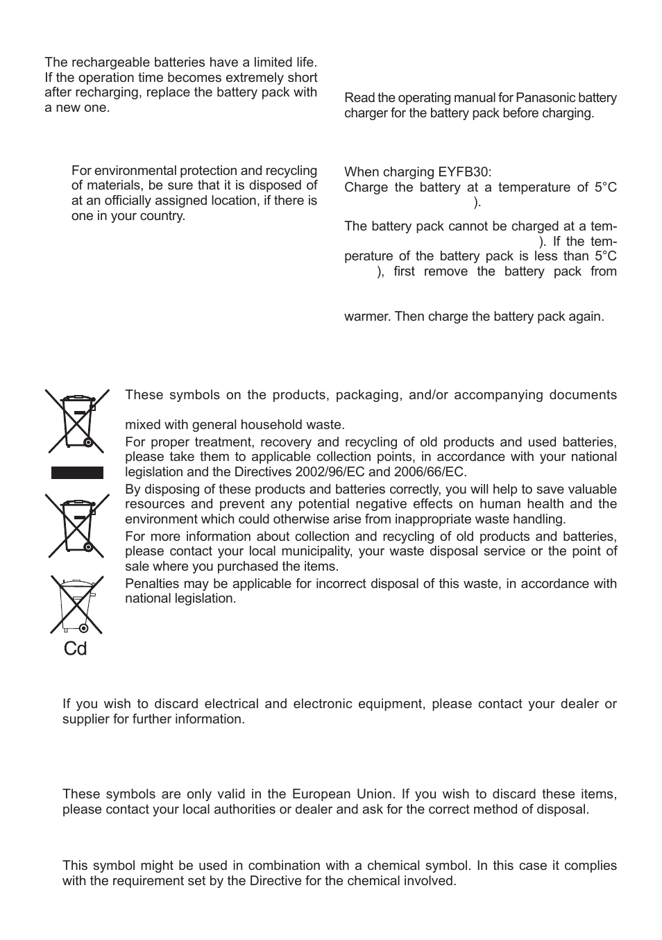 Battery charger] charging, Before charging the battery, Battery pack life | Battery recycling, For business users in the european union | Panasonic EYFLA1 User Manual | Page 14 / 168