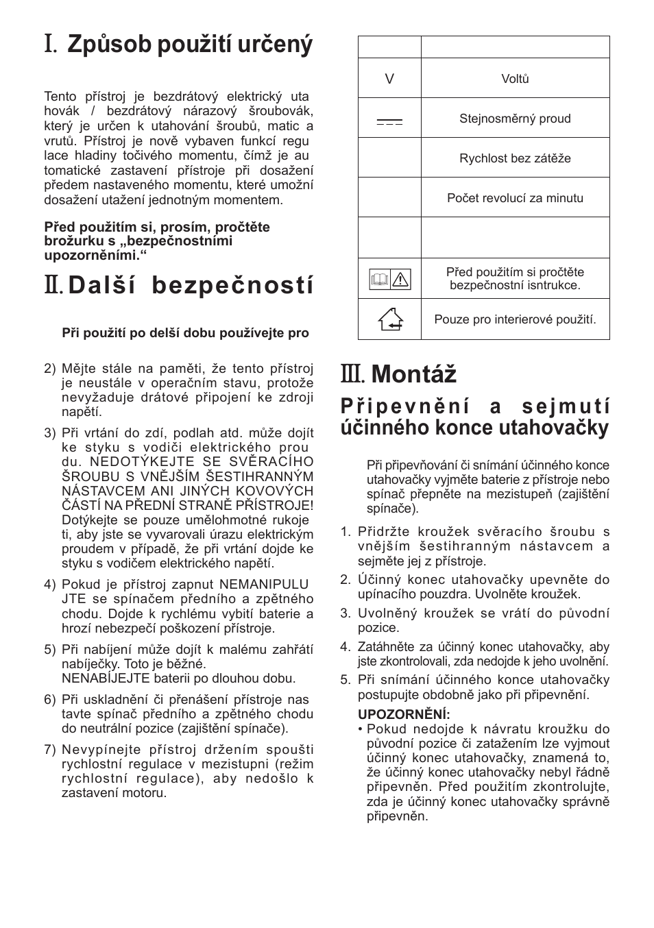 Způsob použití určený výrobcem, Další bezpečností instrukce, Montáž | Připevnění a sejmutí účinného konce utahovačky | Panasonic EYFLA1 User Manual | Page 155 / 168