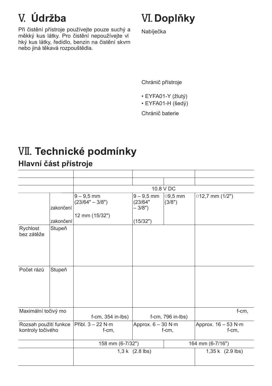Údržba, Doplňky, Technické podmínky | Hlavní část přístroje | Panasonic EYFLA1 User Manual | Page 165 / 168