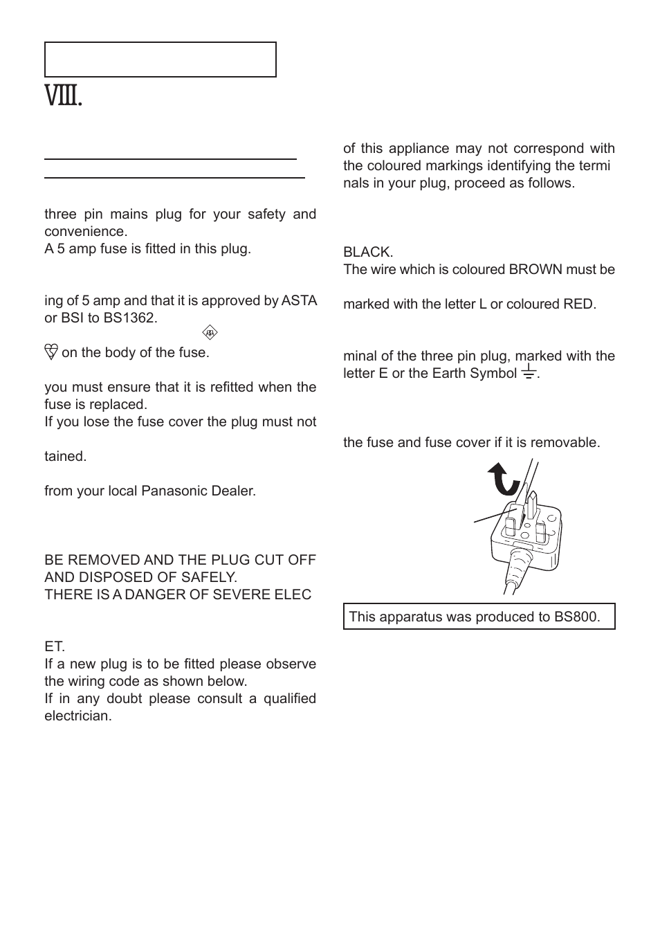 Viii, Only for u. k, Electrical plug information | Panasonic EYFLA1 User Manual | Page 17 / 168
