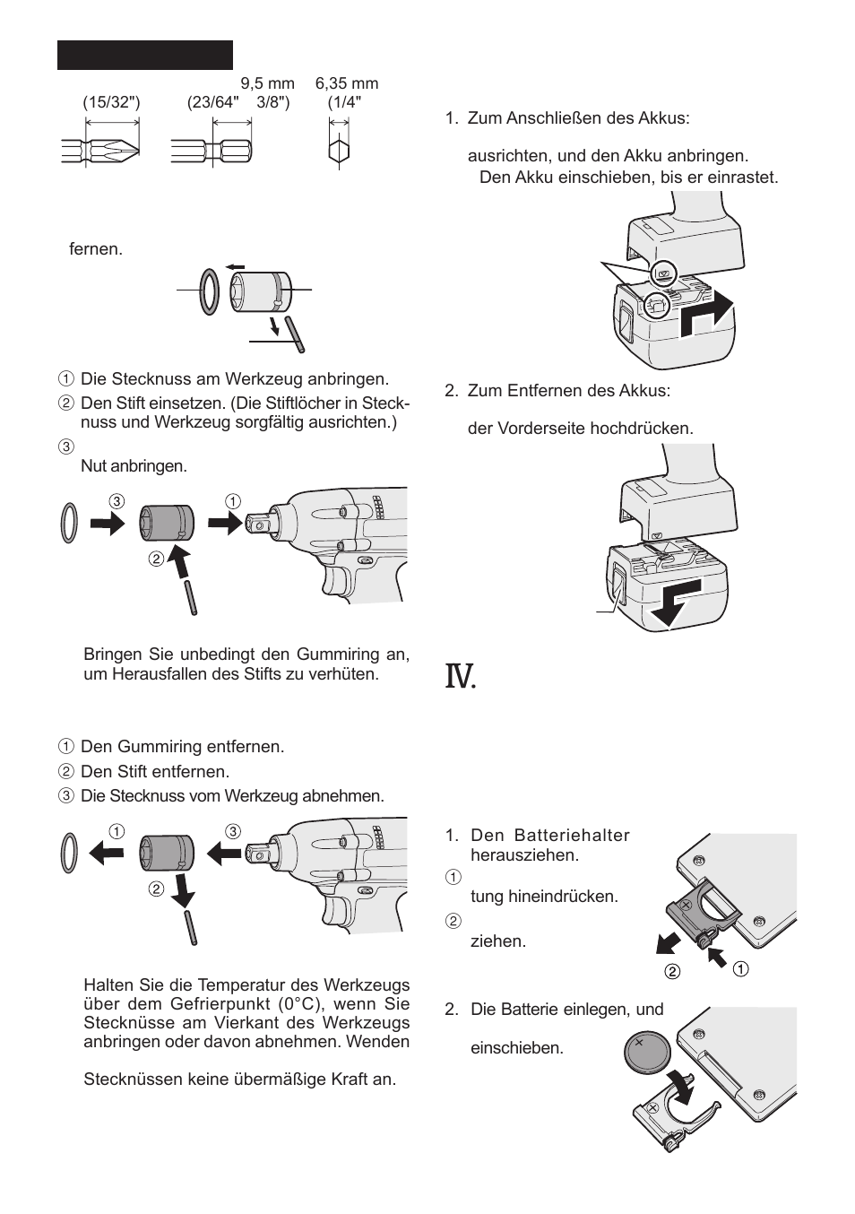 Betrieb, Anbringen einer stecknuss, Abnehmen einer stecknuss | Anbringen oder abnehmen des akkus | Panasonic EYFLA1 User Manual | Page 19 / 168