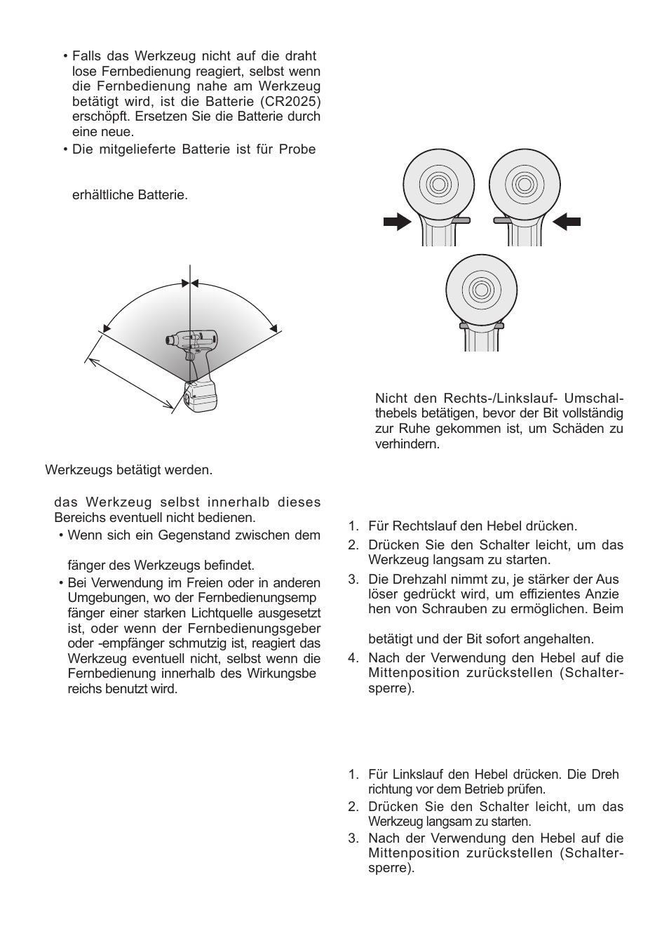 Rechtslauf - schalterbetäti- gung, Linkslauf - schalterbetäti- gung | Panasonic EYFLA1 User Manual | Page 20 / 168