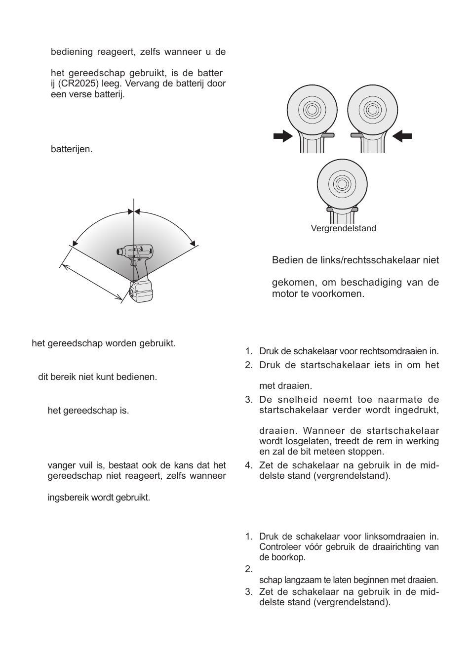 Bediening van de schake- laar voor rechtsomdraaien, Bediening van de schake- laar voor linksomdraaien | Panasonic EYFLA1 User Manual | Page 59 / 168
