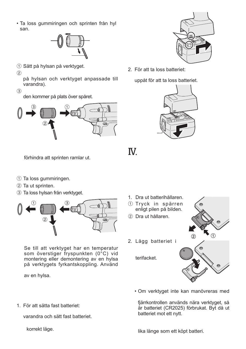 Drift, Montering av hylsa, Demontering av hylsa | Montering/demontering av batteri | Panasonic EYFLA1 User Manual | Page 97 / 168