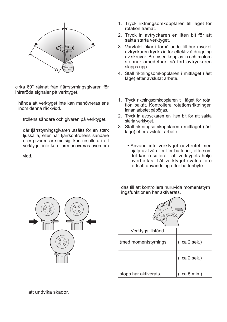 Drift med rotation framåt, Drift med rotation bakåt | Panasonic EYFLA1 User Manual | Page 98 / 168