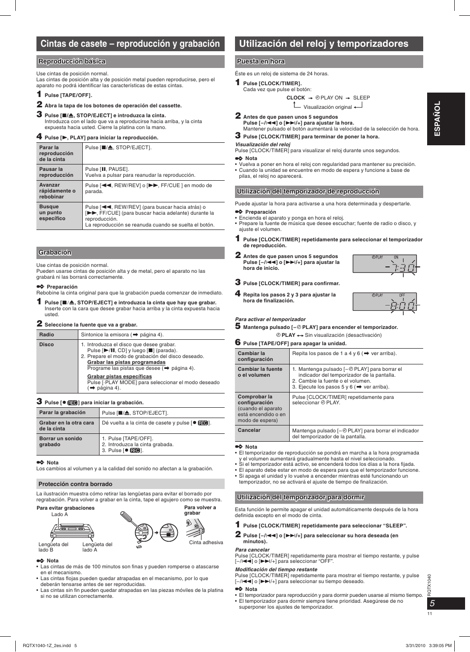Cintas de casete – reproducción y grabación, Utilización del reloj y temporizadores | Panasonic RXD45EG User Manual | Page 11 / 20