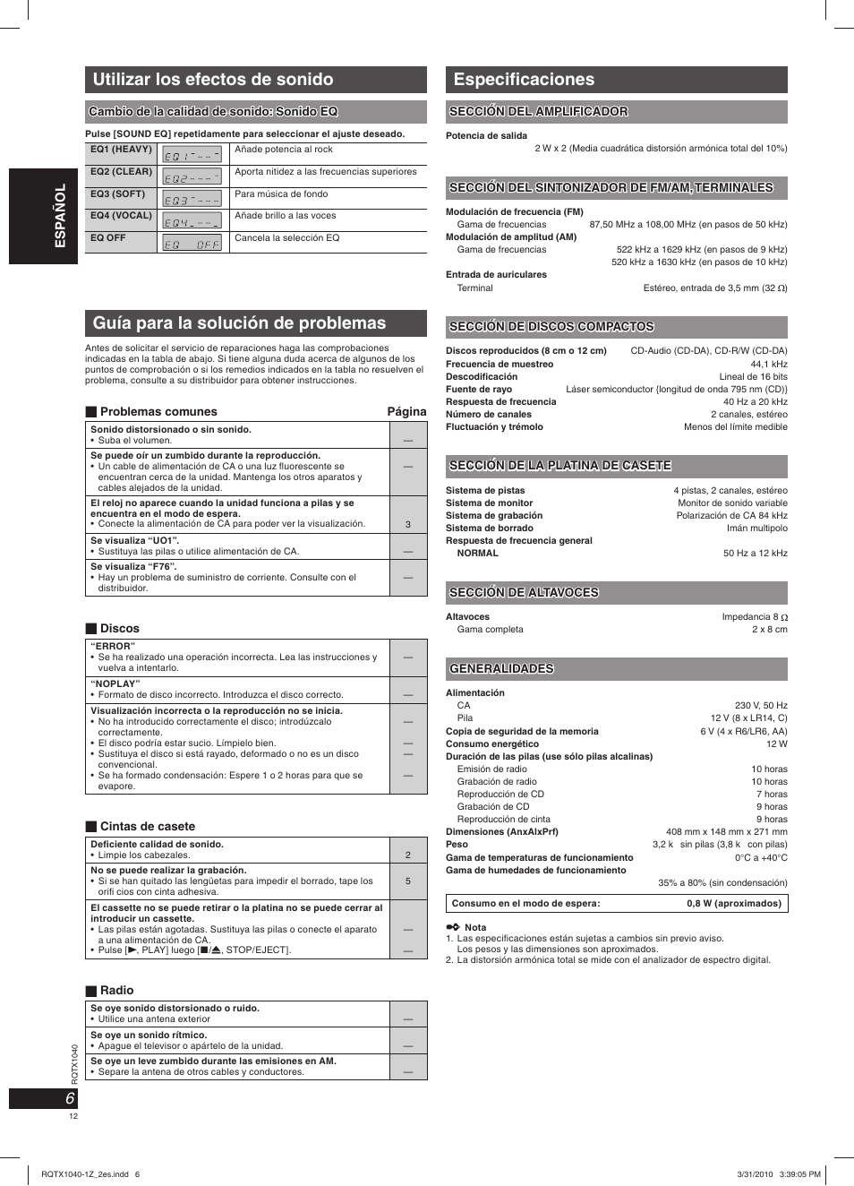 Utilizar los efectos de sonido, Guía para la solución de problemas, Especifi caciones | Panasonic RXD45EG User Manual | Page 12 / 20