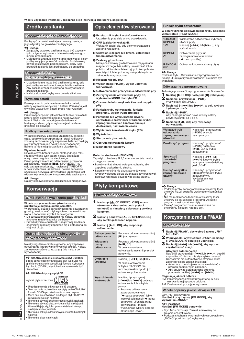 Źródło zasilania, Opis elementów sterowania, Płyty kompaktowe | Korzystanie z radia fm/am, Konserwacja | Panasonic RXD45EG User Manual | Page 14 / 20
