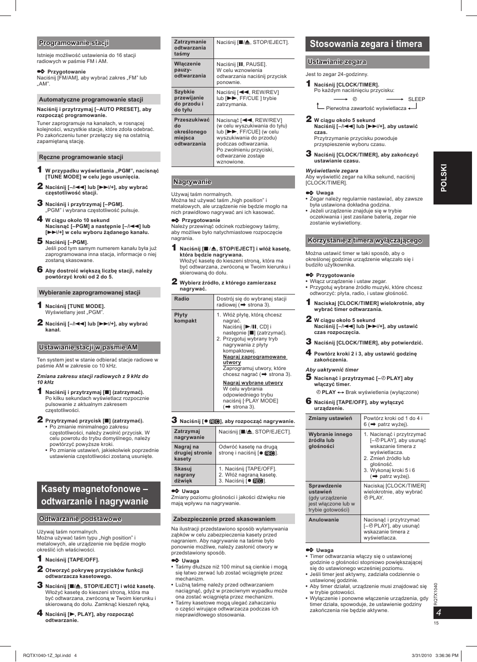 Kasety magnetofonowe – odtwarzanie i nagrywanie, Stosowania zegara i timera | Panasonic RXD45EG User Manual | Page 15 / 20