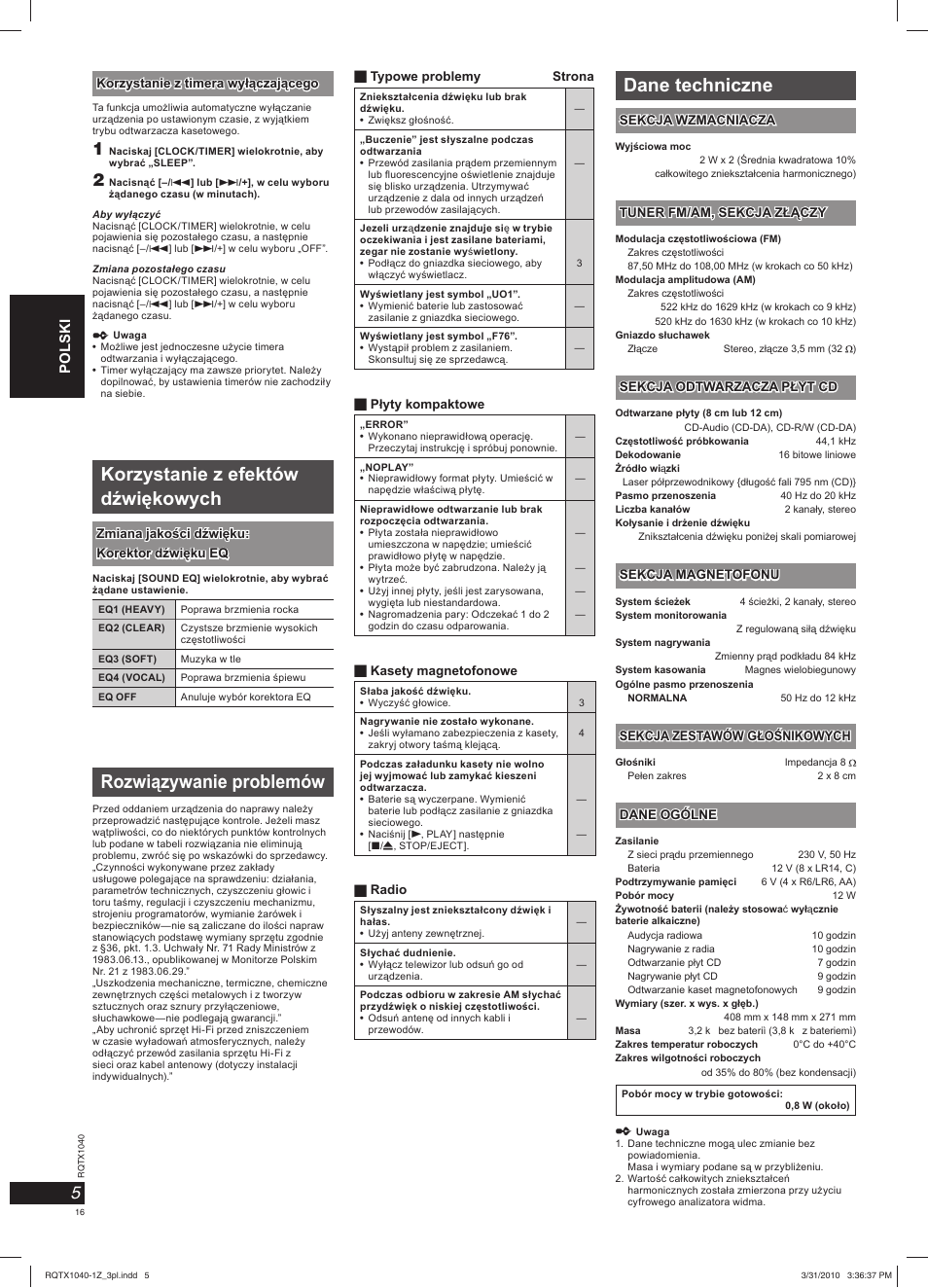 Korzystanie z efektów dźwiękowych, Rozwiązywanie problemów, Dane techniczne | Panasonic RXD45EG User Manual | Page 16 / 20