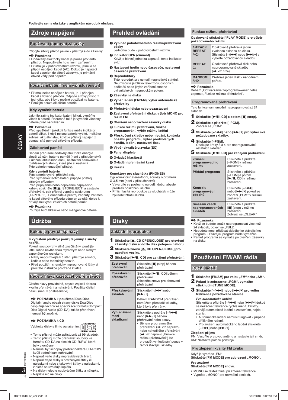 Zdroje napájení, Údržba, Přehled ovládání | Disky, Používání fm/am rádia | Panasonic RXD45EG User Manual | Page 18 / 20