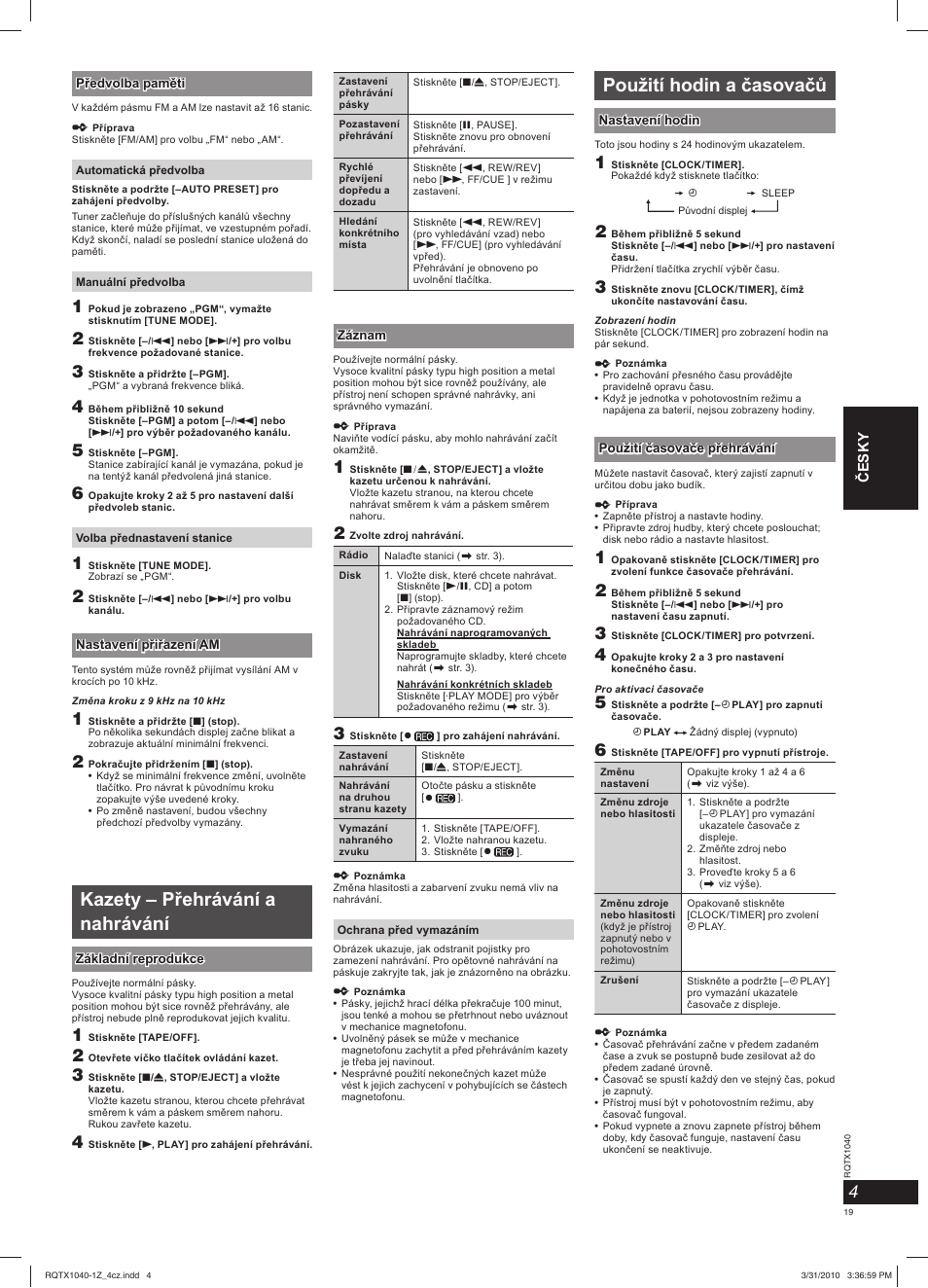 Kazety – přehrávání a nahrávání, Použití hodin a časovačů | Panasonic RXD45EG User Manual | Page 19 / 20